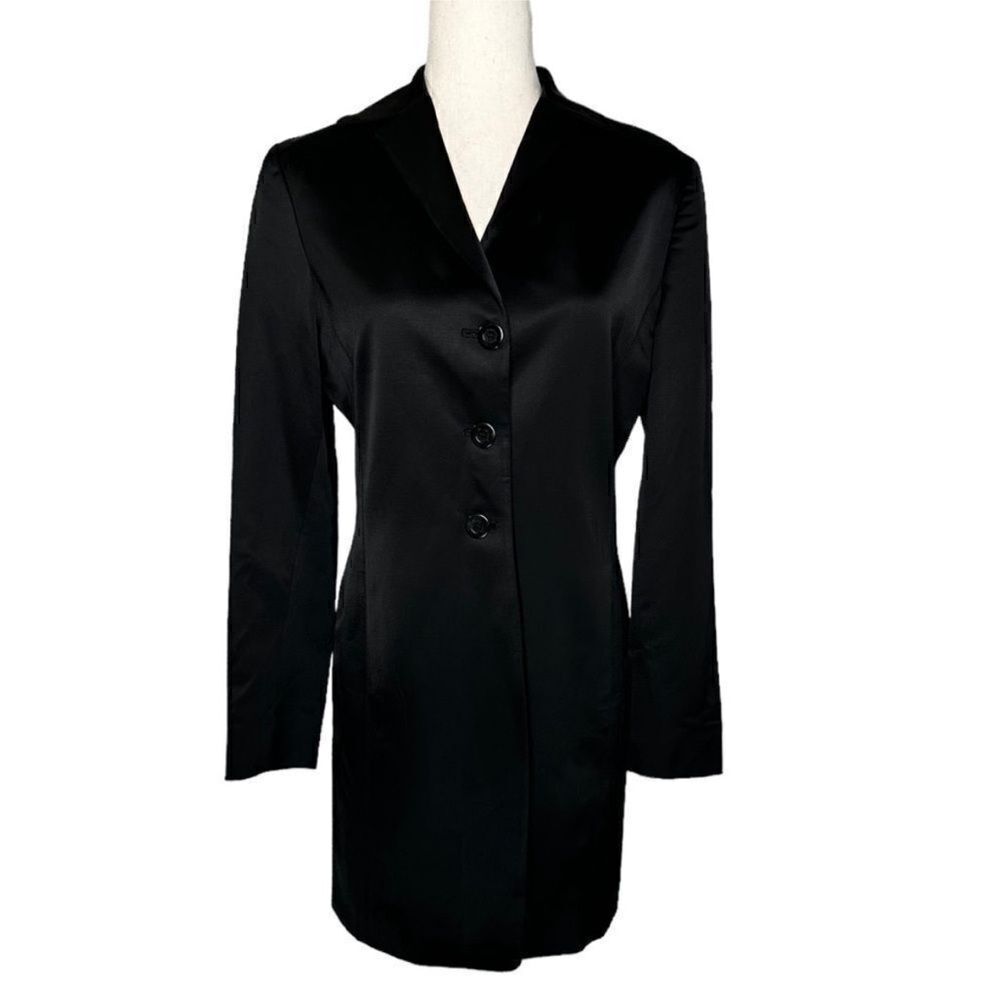 Tahari Black Wool Satin Long Formal Dress Jacket | Size 8